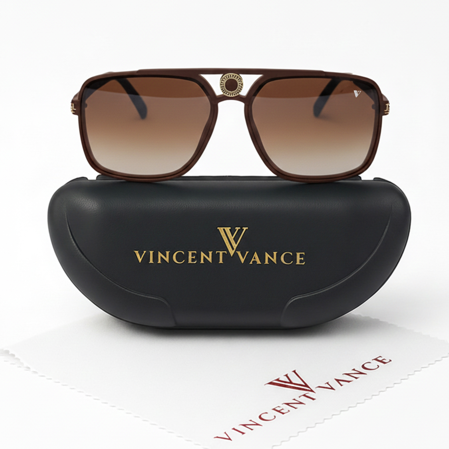 Vincent Vance - Luxury Aviator Sunglasses with Gold Detailing - Luxury Black Aviator Sunglasses with Brown UV Protection Lens & Gold Detailing