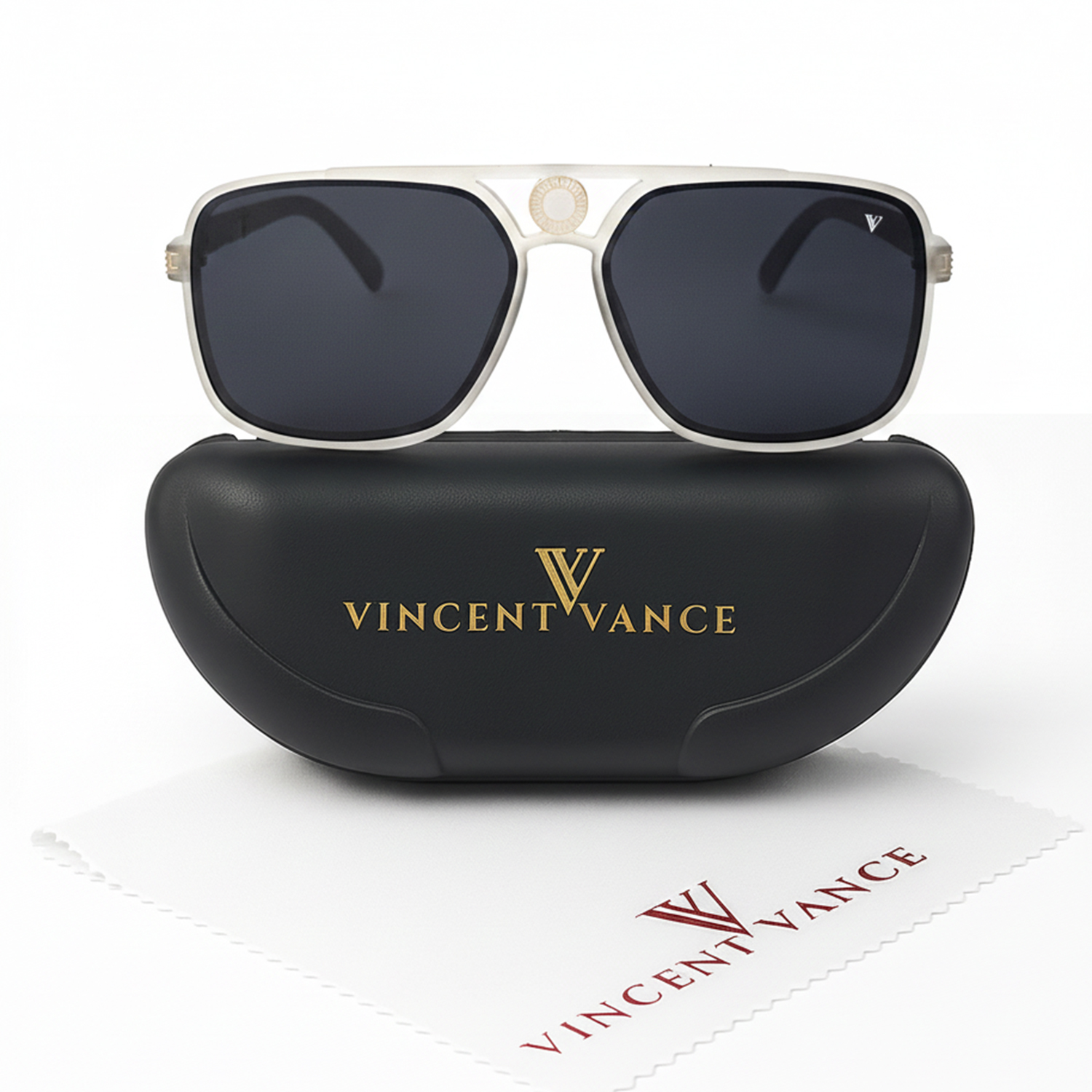 Vincent Vance - Luxury Aviator Sunglasses with Gold Detailing - White Black