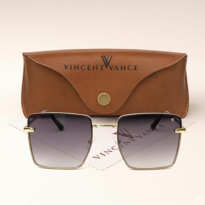 Vincent Vance - Luxury Square Sunglasses | Premium Gold Metal Frame with HD Gradient Lenses | Vintage Fashion Eyewear | Unisex